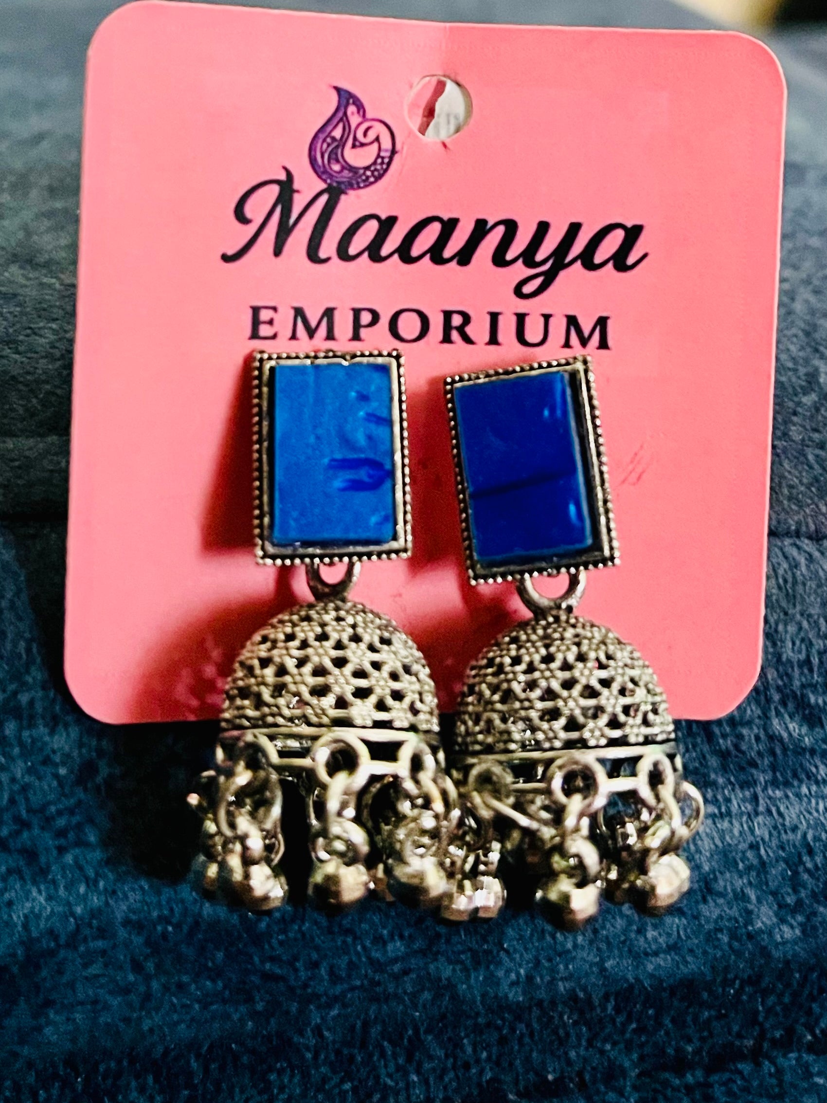 Pota stone Jhumki earrings - Oxidized