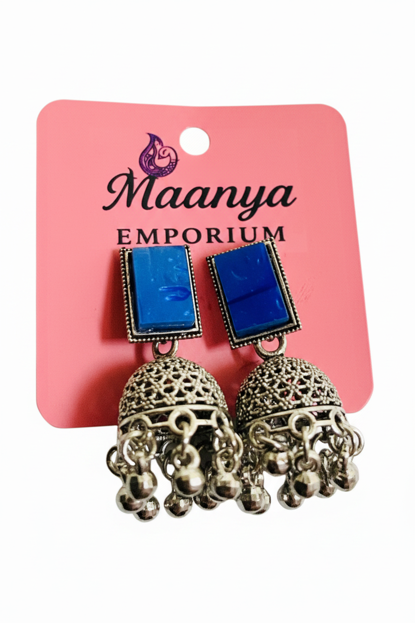Pota stone Jhumki earrings - Oxidized