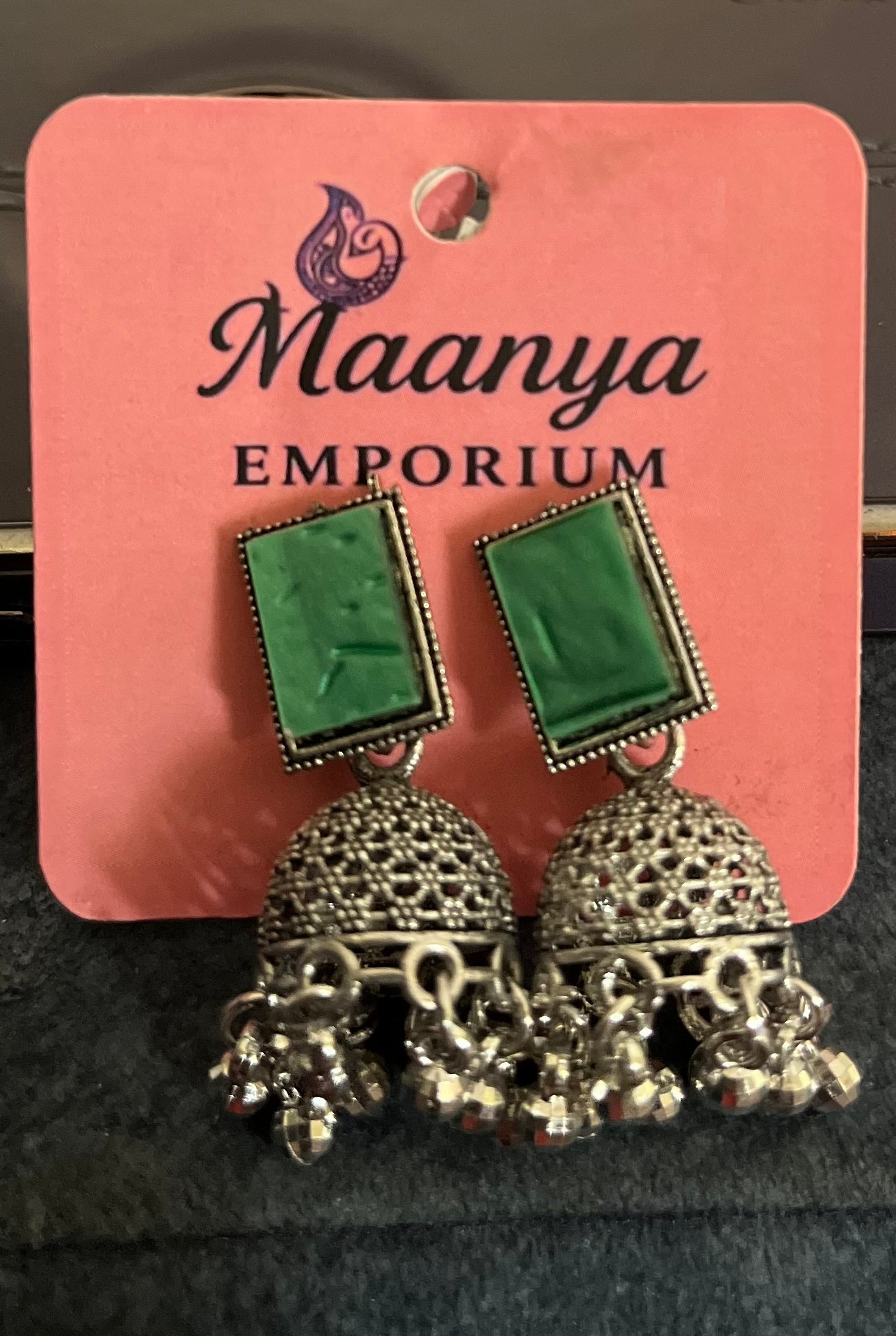 Pota stone Jhumki earrings - Oxidized