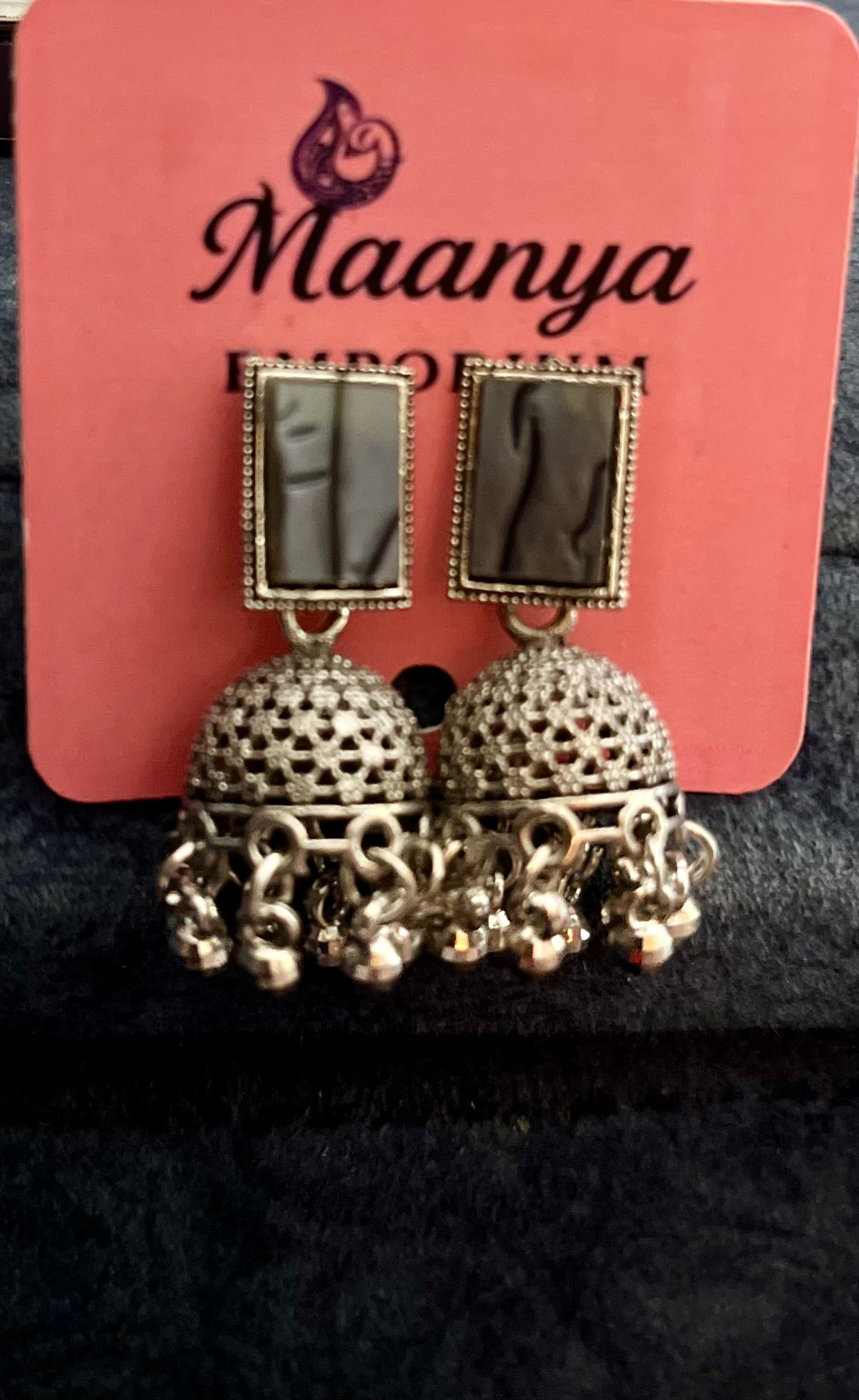 Pota stone Jhumki earrings - Oxidized