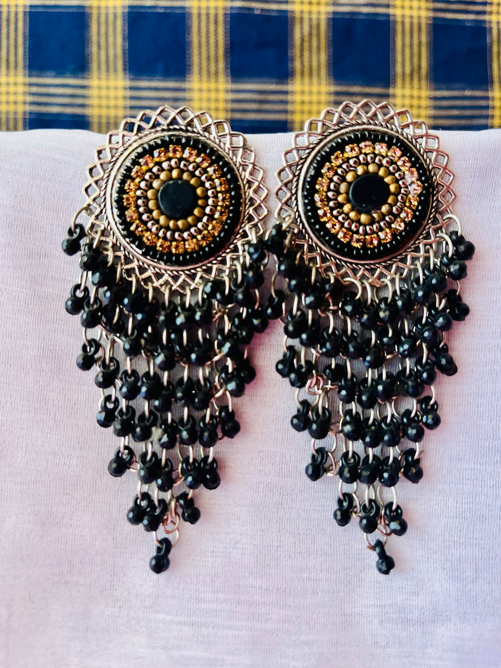 Black bead dangler earrings