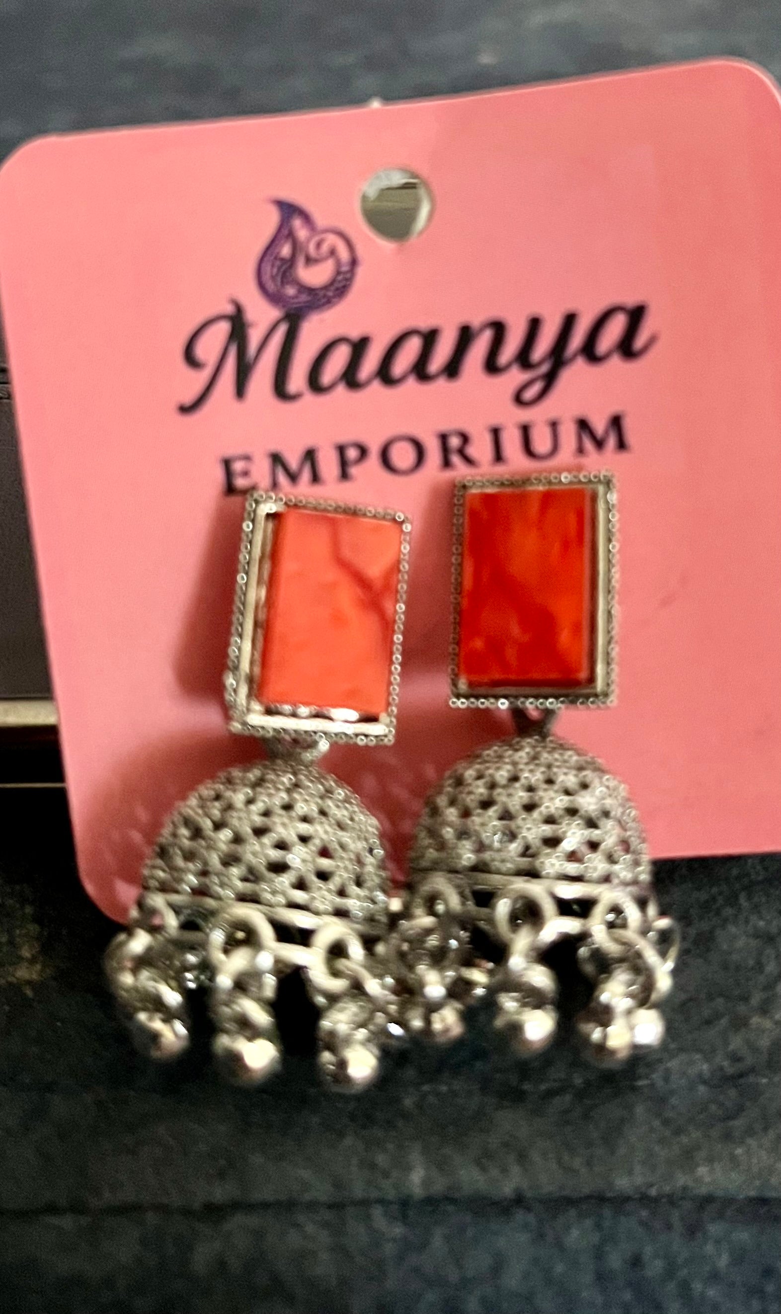 Pota stone Jhumki earrings - Oxidized